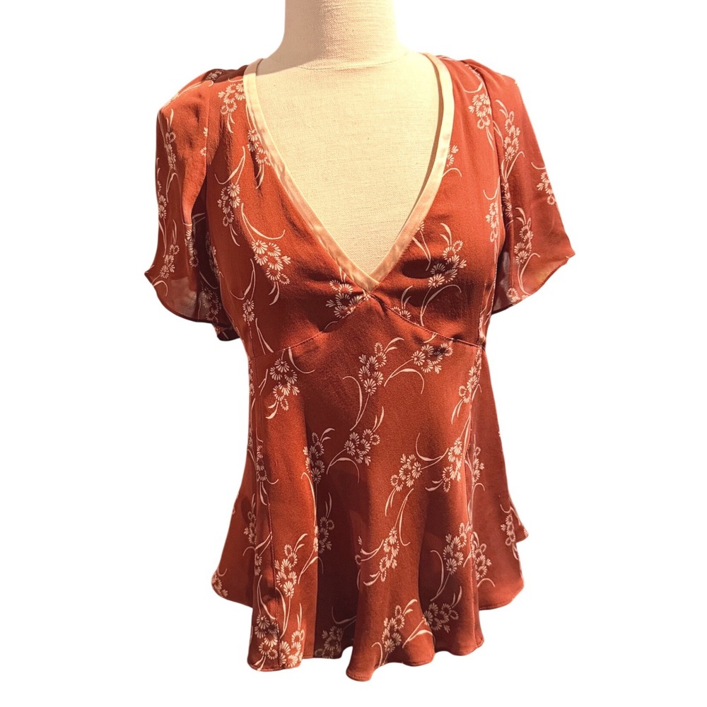 Cinq a Sept Rust & Pale pink Floral 100% Silk Tie Back Flutter Sleeve Blouse L - Picture 8 of 8